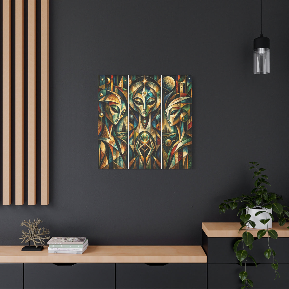 Keepers of the Celestial Gate — Futuristic Geometric Triptych Wall Art