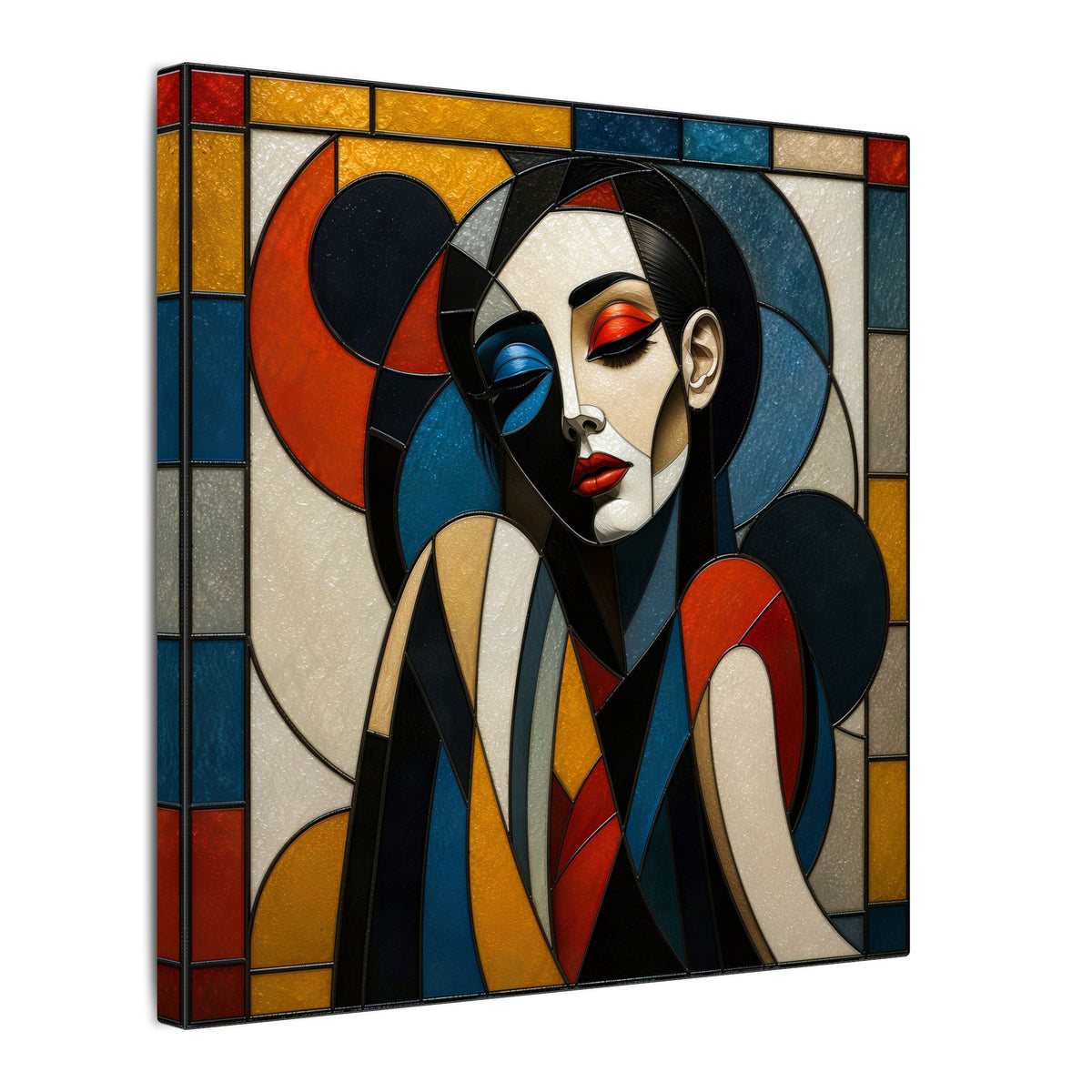 Split Between Colors – Geometric Stained Glass Woman Portrait Canvas Print