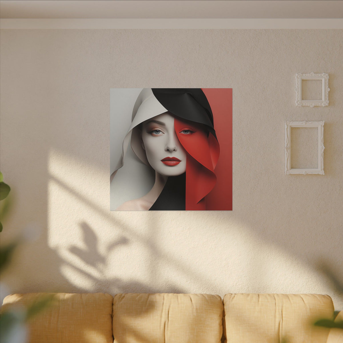 Split Poise – Modern Red Black Female Portrait Canvas Print