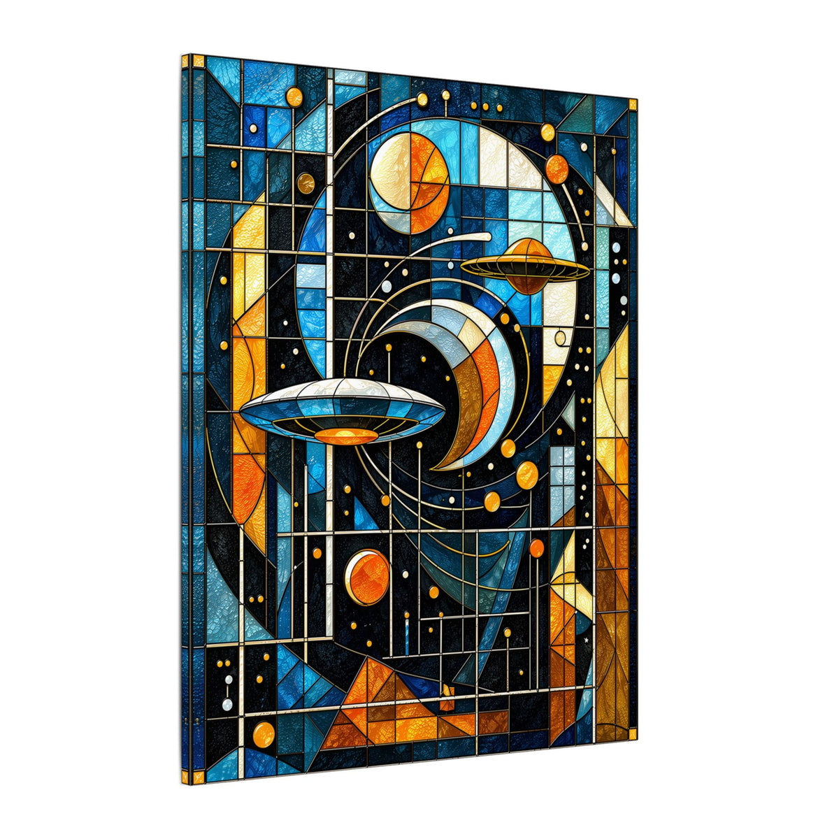 Visitors in Orbit – Retro Futurist Stained-Glass UFO Geometric Canvas Print