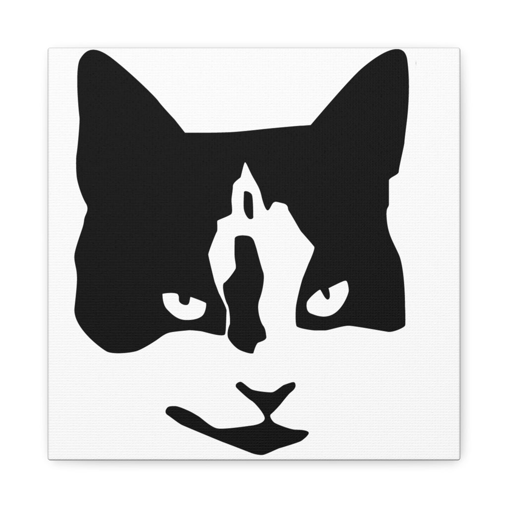 High-contrast black abstract cat face: simplified mask-like features and piercing eyes on a white background.