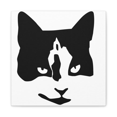 High-contrast black abstract cat face: simplified mask-like features and piercing eyes on a white background.