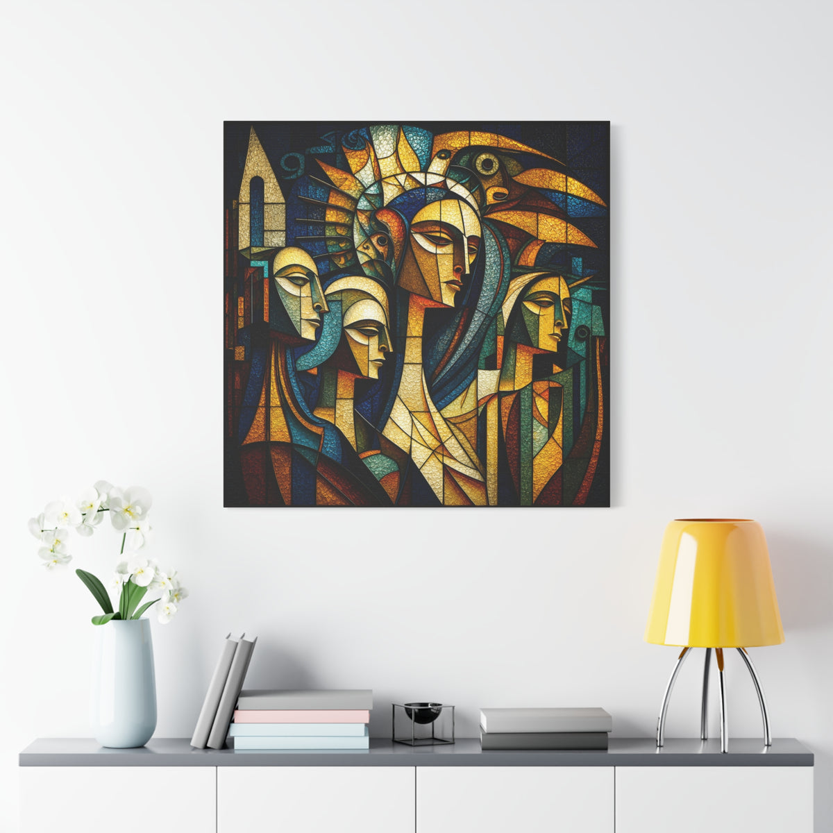 Crowned Voices — Cubist Collective Portrait in Teal, Gold & Burnt Orange