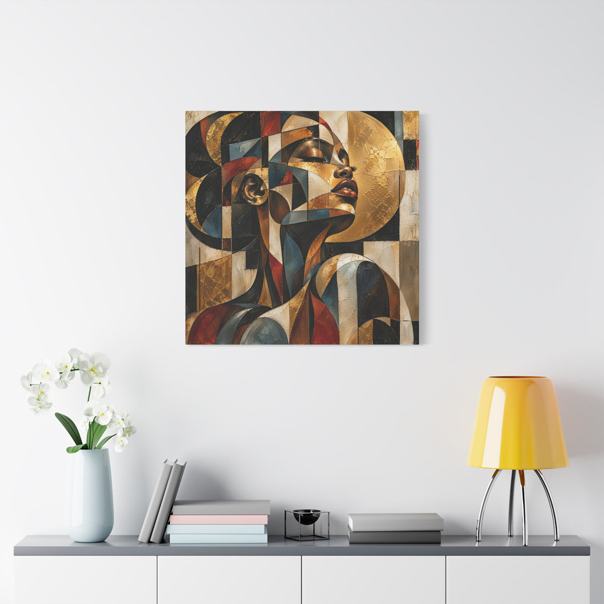 Gilded Perspective — Modern Cubist Woman Portrait Wall Art
