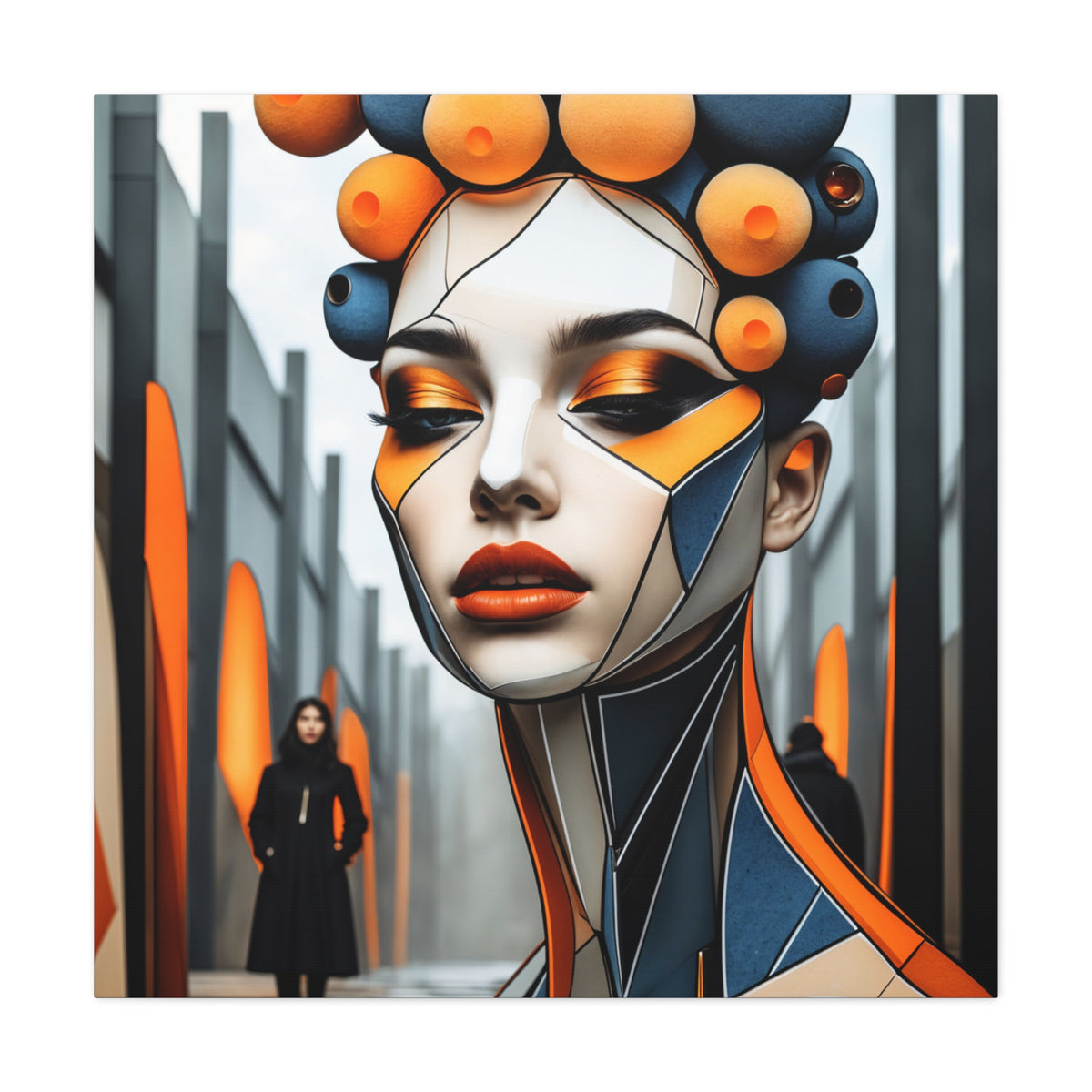 Future Icon — Futuristic Geometric Woman Portrait in Orange & Midnight Blue