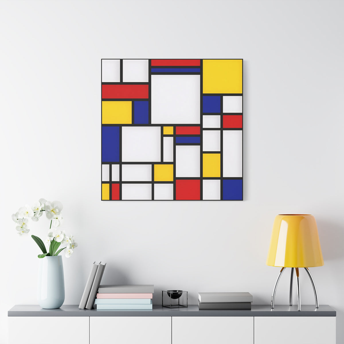 Abstract Geometric Canvas Art – Red, Blue & Yellow Stretched Print