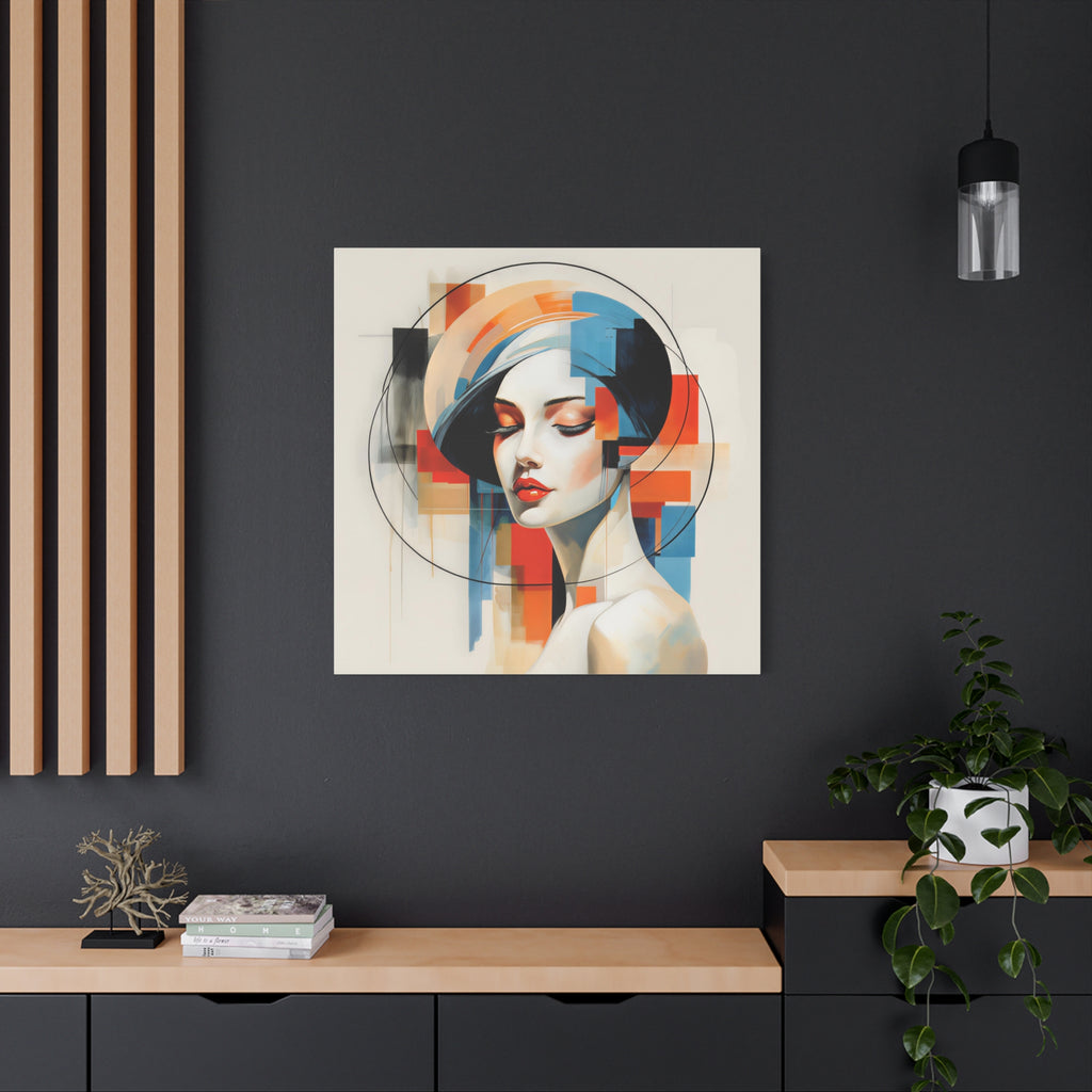Perfectly Composed — Abstract Geometric Woman Portrait in Orange, Blue & Ivory