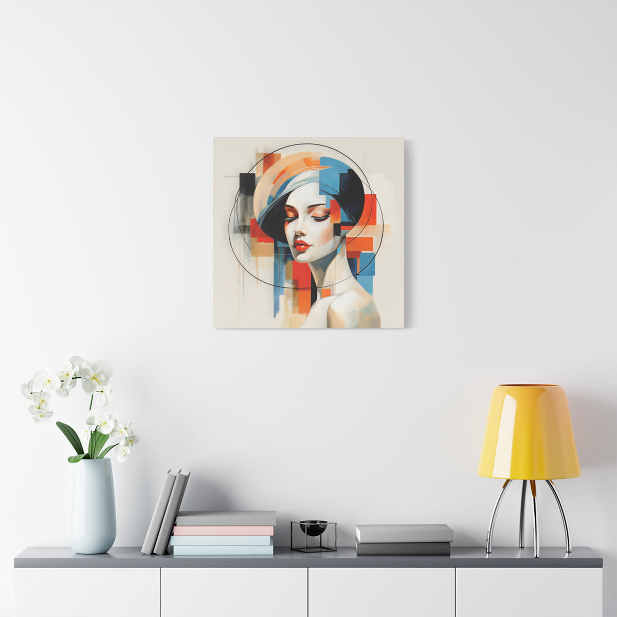 Perfectly Composed — Abstract Geometric Woman Portrait in Orange, Blue & Ivory