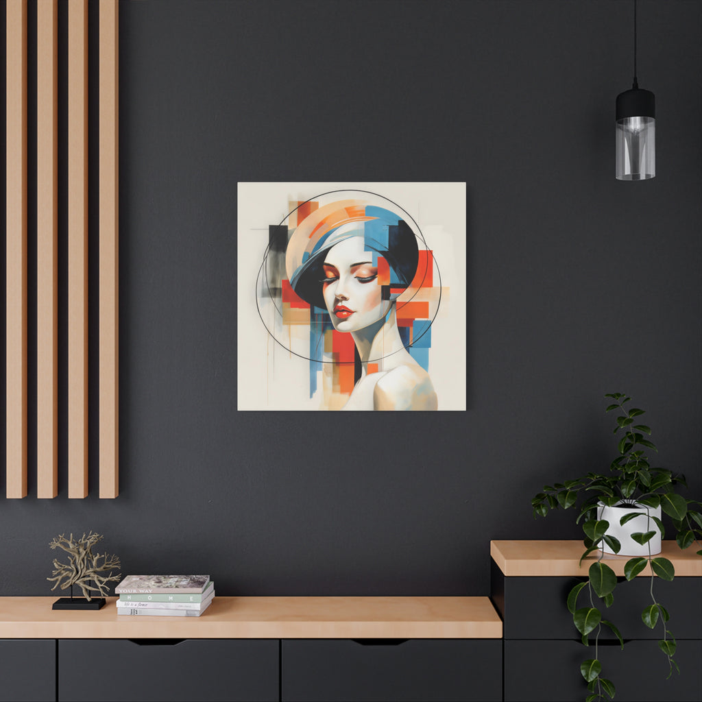 Perfectly Composed — Abstract Geometric Woman Portrait in Orange, Blue & Ivory