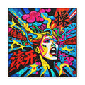 Explosive pop-art stained-glass composition with a shouting female figure amid hot pink, electric blue, yellow, red, black and bold Chinese calligraphy