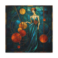 Art Deco stained-glass style portrait of a poised woman in a flowing teal gown amid sweeping circular forms and jewel-toned orbs