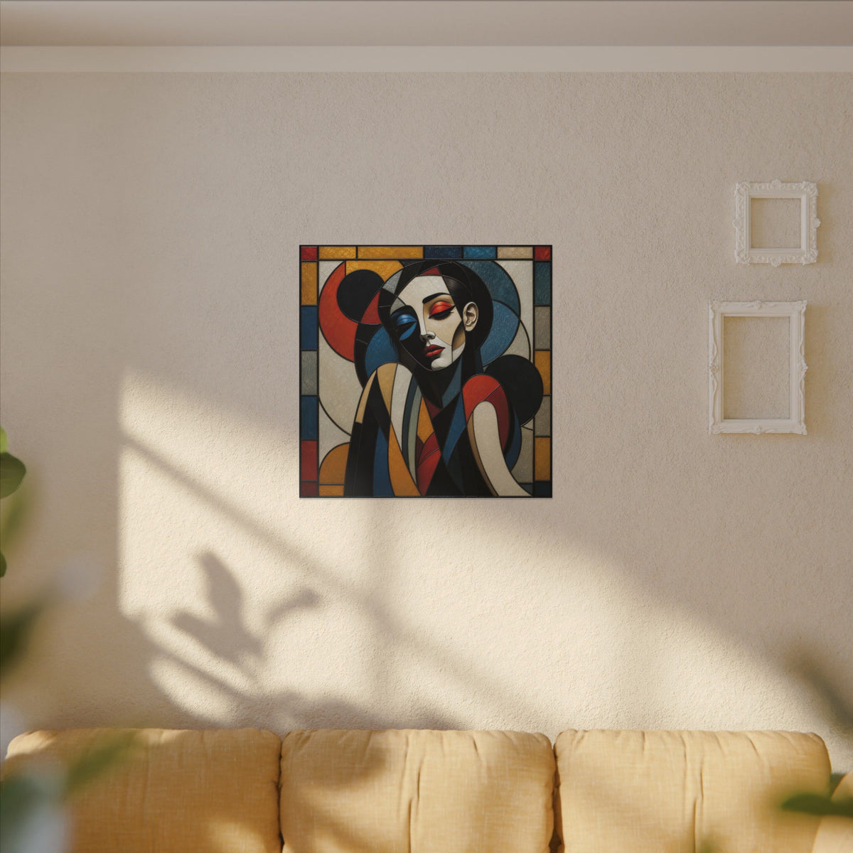 Split Between Colors – Geometric Stained Glass Woman Portrait Canvas Print