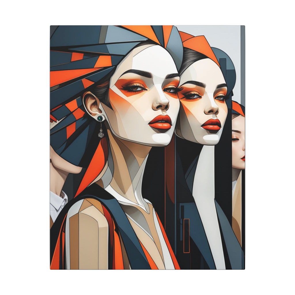Layered geometric portrait of multiple stylized faces in navy, black, cream, orange, and warm beige with sharp angular shapes