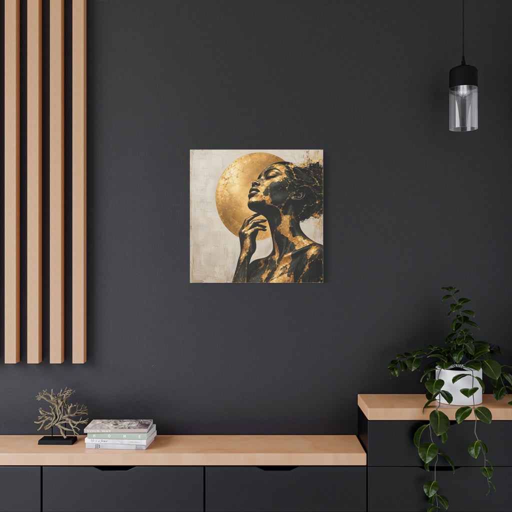Crowned in Light — Modern Black & Gold Woman Portrait