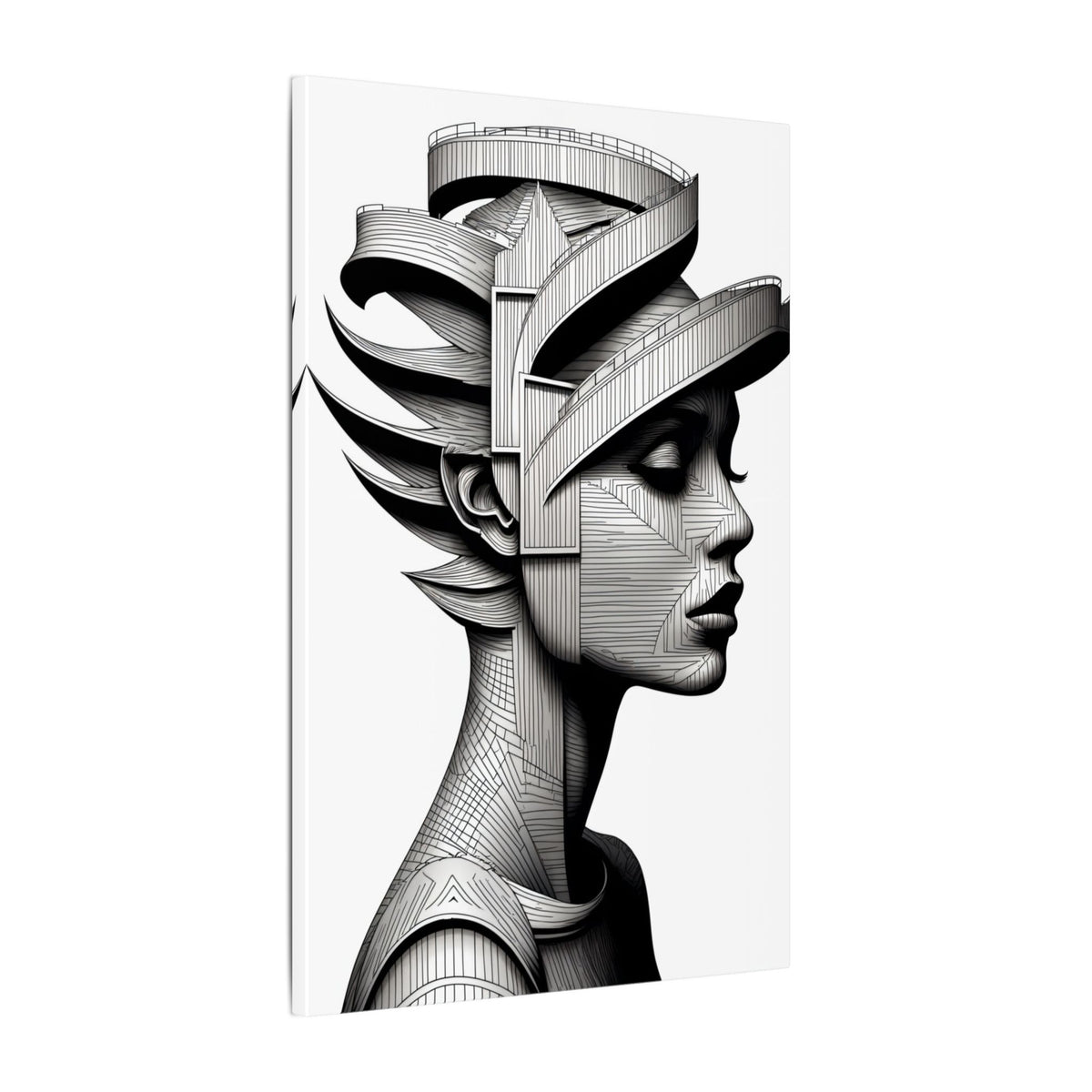 Architecture of Thought – Monochrome Futurist Portrait Canvas Print