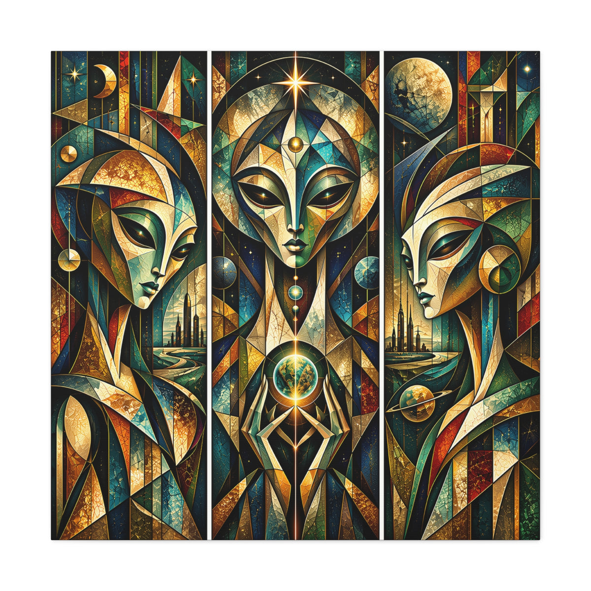 Keepers of the Celestial Gate — Futuristic Geometric Triptych Wall Art