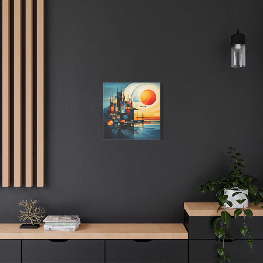 Sun Beyond Structure – Geometric Abstract Sunrise Canvas Print