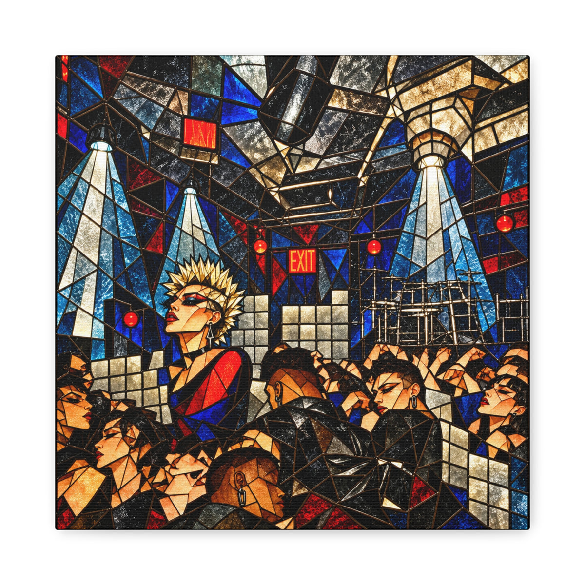 Cubist stained-glass nightclub scene with a central fierce figure amid fractured ceilings, columns, EXIT sign and crowds in cobalt blue, ruby red, ivory, black and metallic