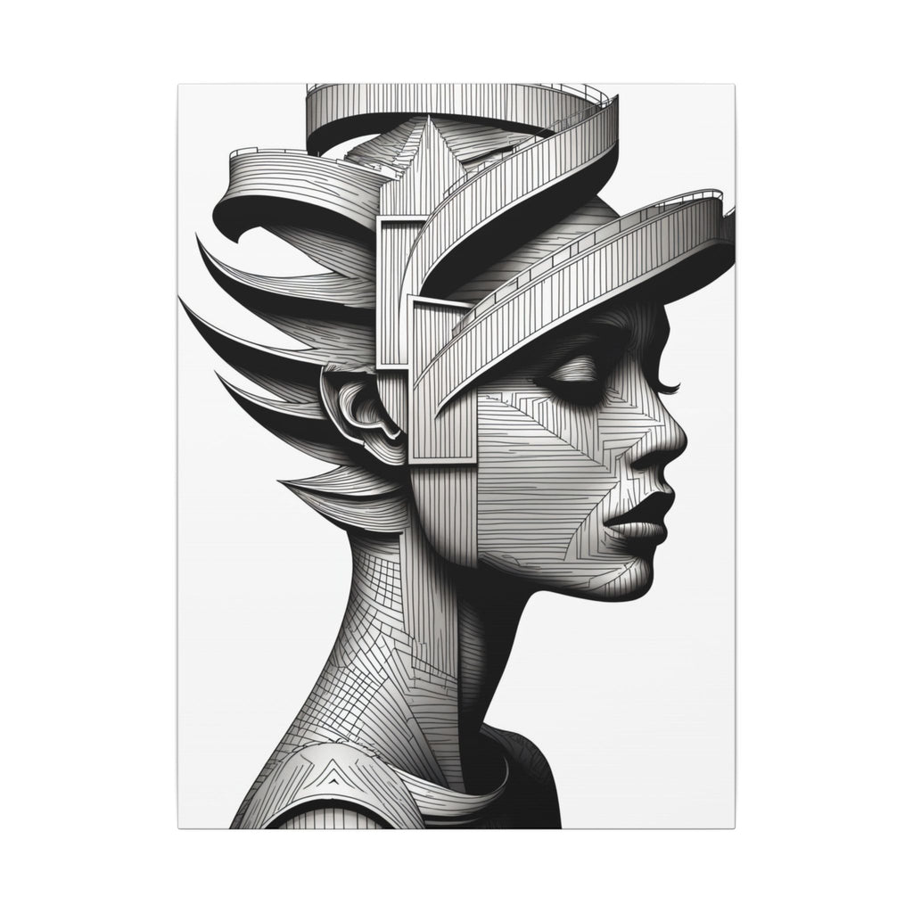 Monochrome sculptural female profile in black-and-white linework with spiraling architectural ramps and pathways around the head