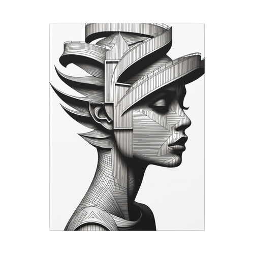 Monochrome sculptural female profile in black-and-white linework with spiraling architectural ramps and pathways around the head