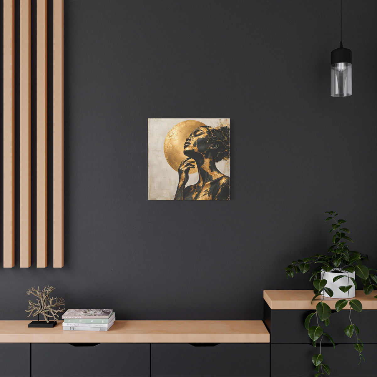 Crowned in Light — Modern Black & Gold Woman Portrait