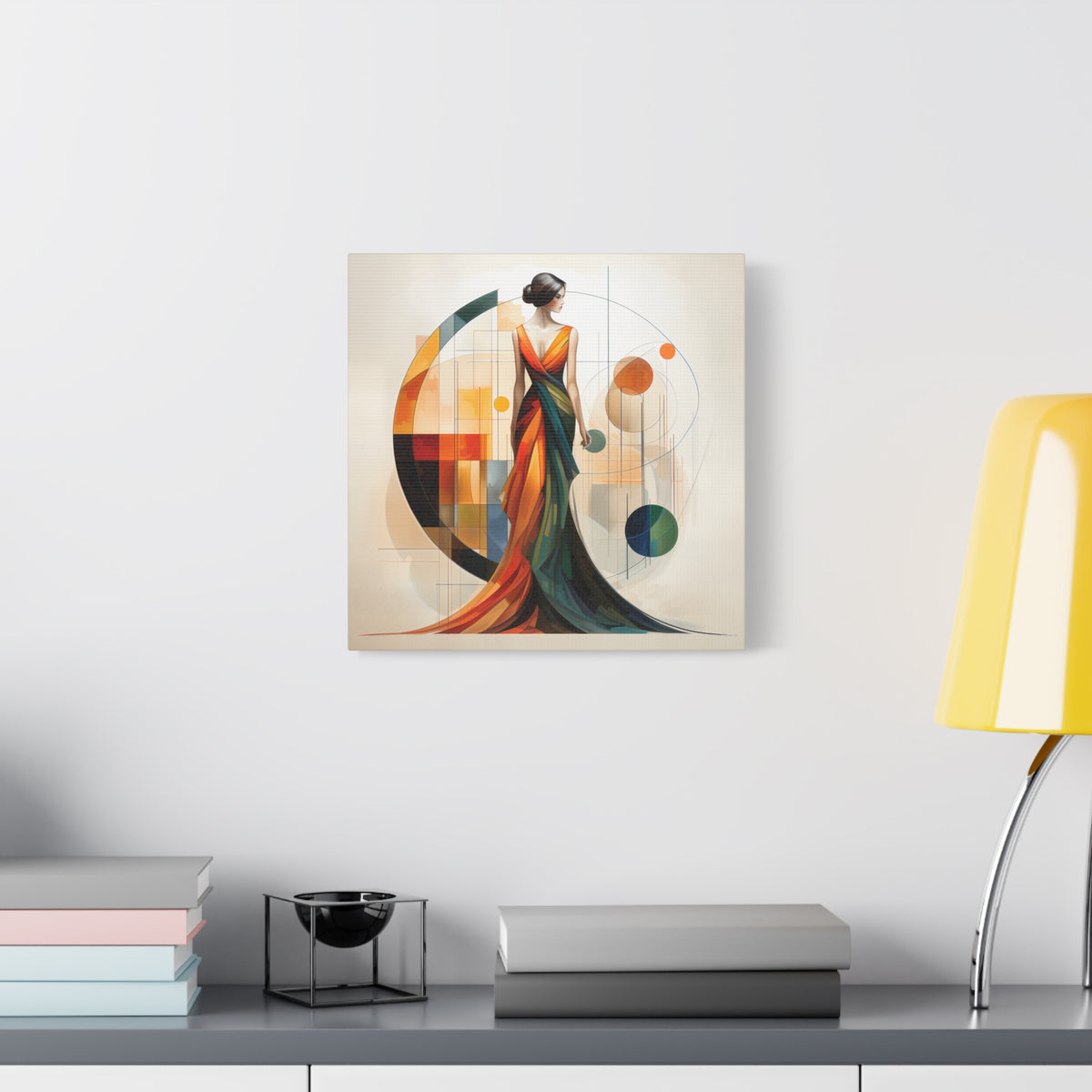 Chromatic Elegance — Abstract Geometric Fashion Portrait in a Flowing Couture Gown