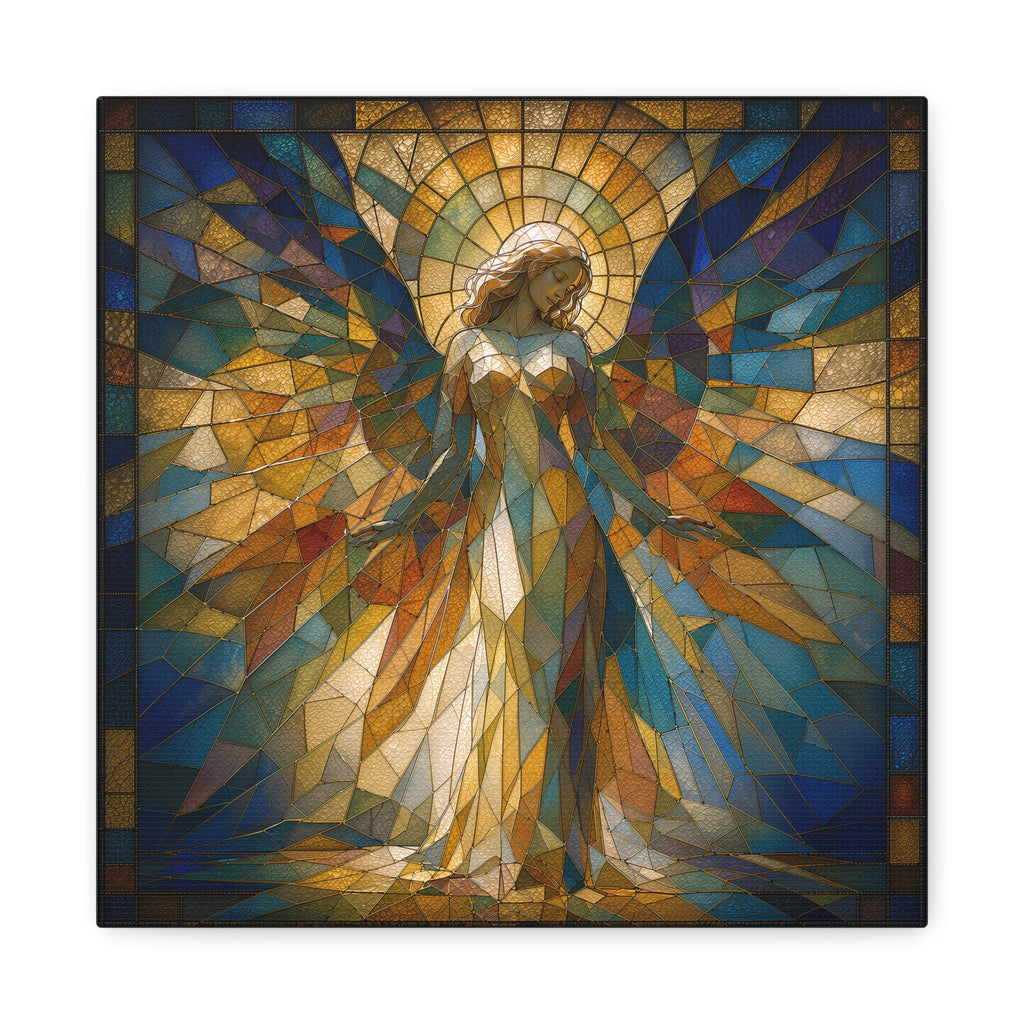 Stained-glass style abstract angel in warm jewel tones, cubist facets forming wings and halo