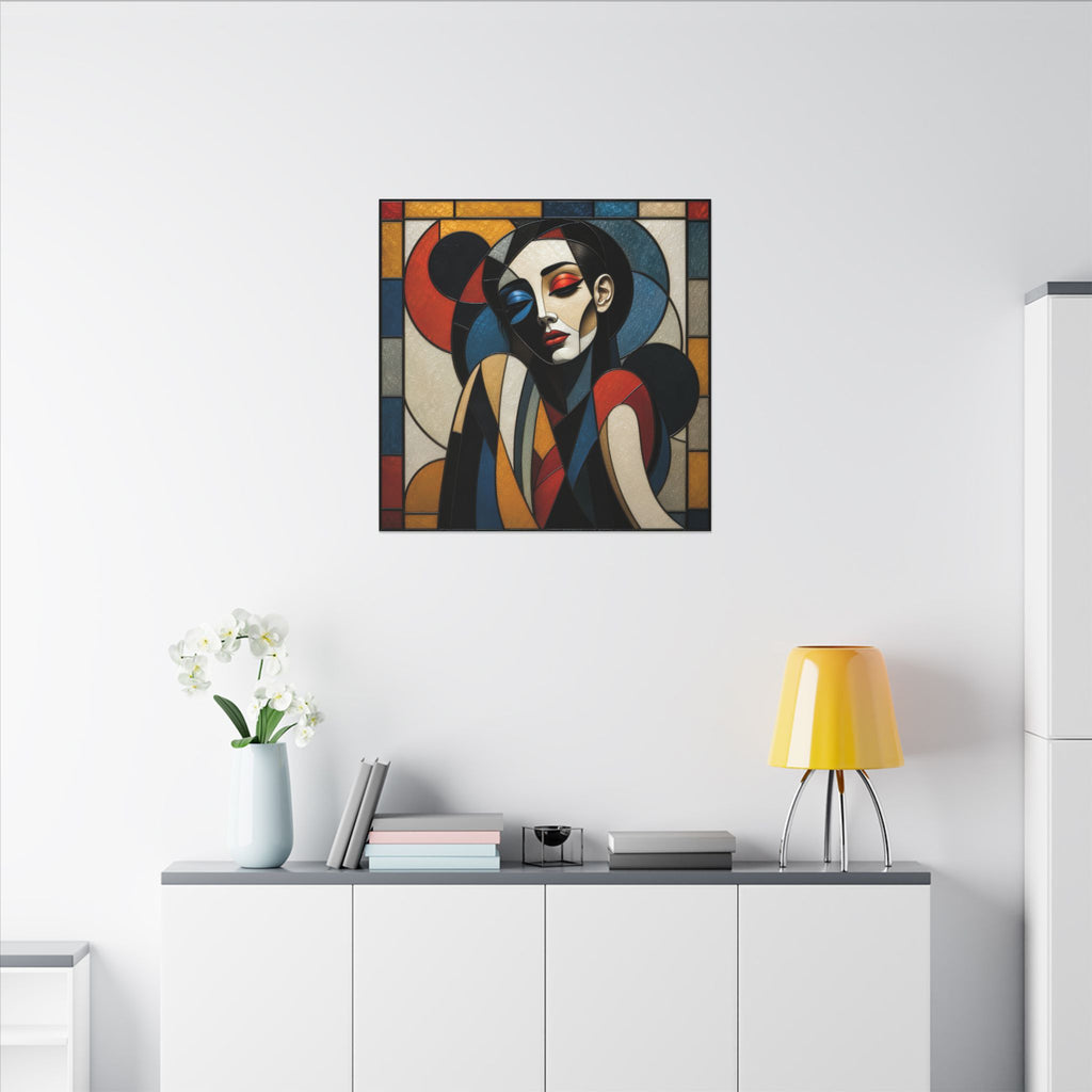 Split Between Colors – Geometric Stained Glass Woman Portrait Canvas Print