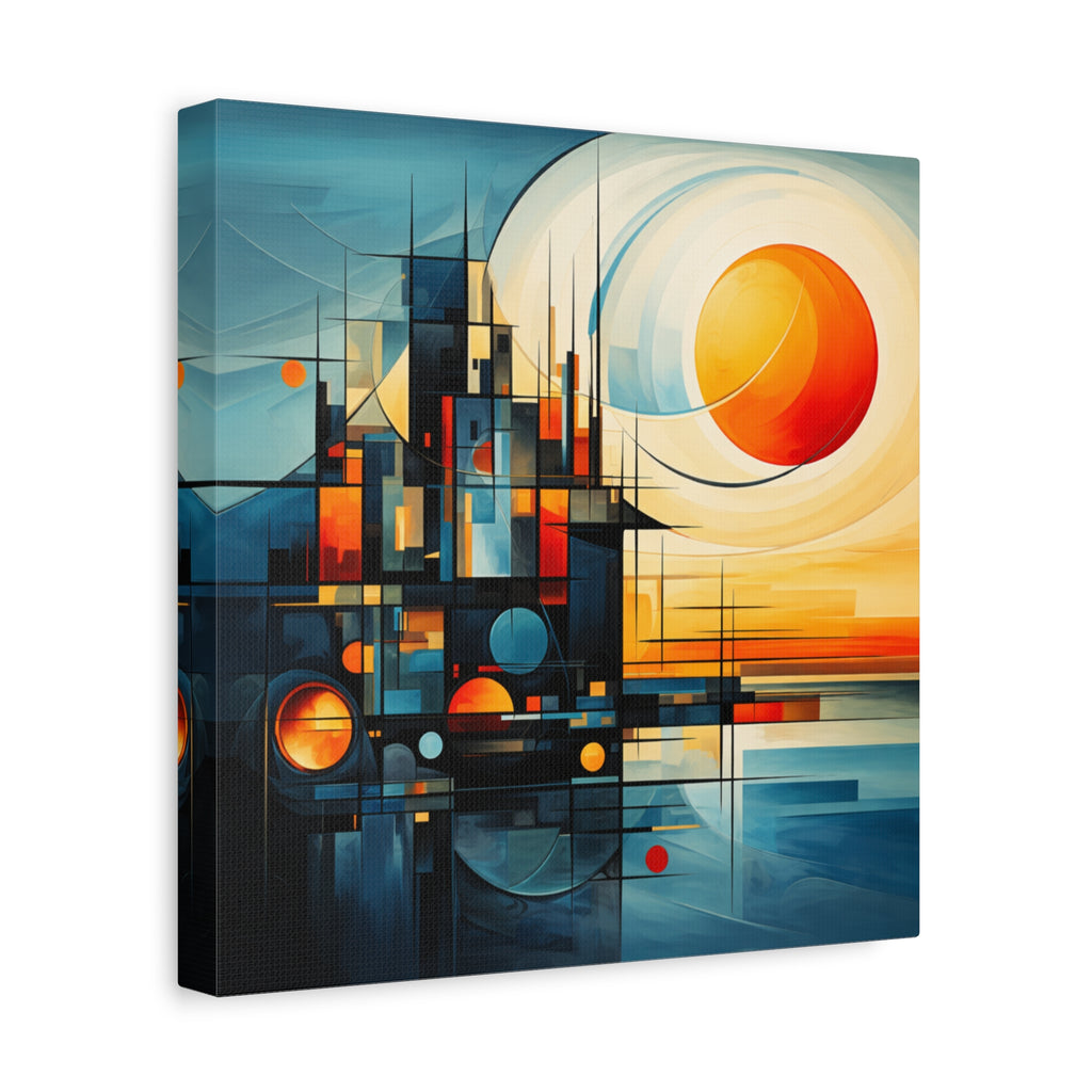 Sun Beyond Structure – Geometric Abstract Sunrise Canvas Print