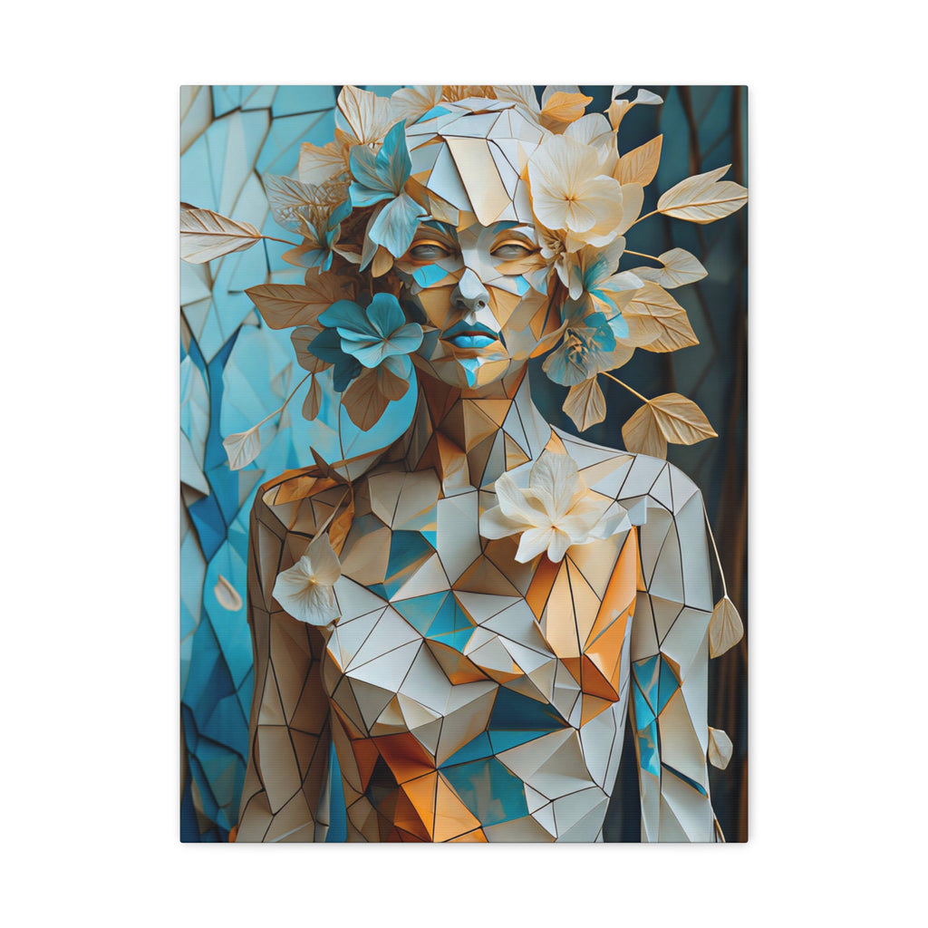 Blooming in Pieces — Geometric Floral Woman Portrait in Ivory, Turquoise & Gold