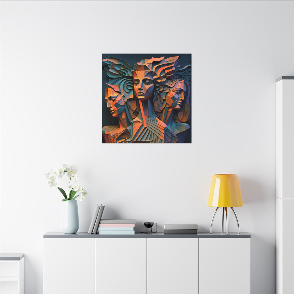 The Three Voices – Sculptural Geometric Triple Portrait Canvas Print