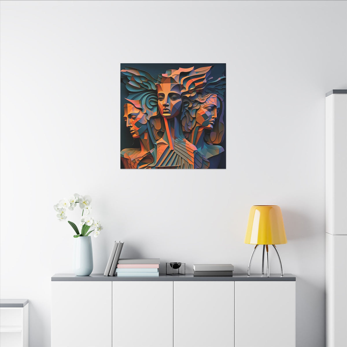 The Three Voices – Sculptural Geometric Triple Portrait Canvas Print