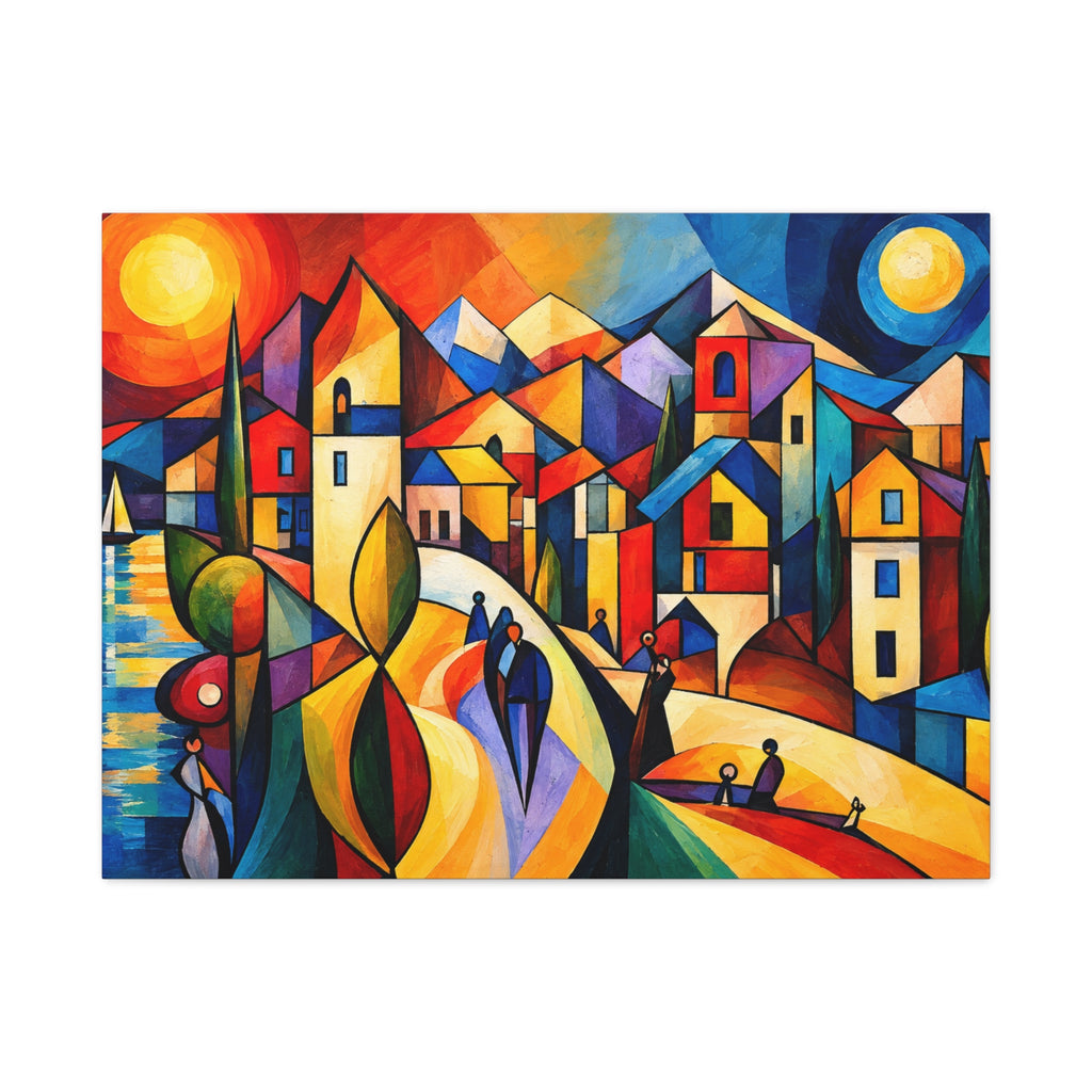 Village Between Sun & Moon — Colorful Cubist Coastal Landscape