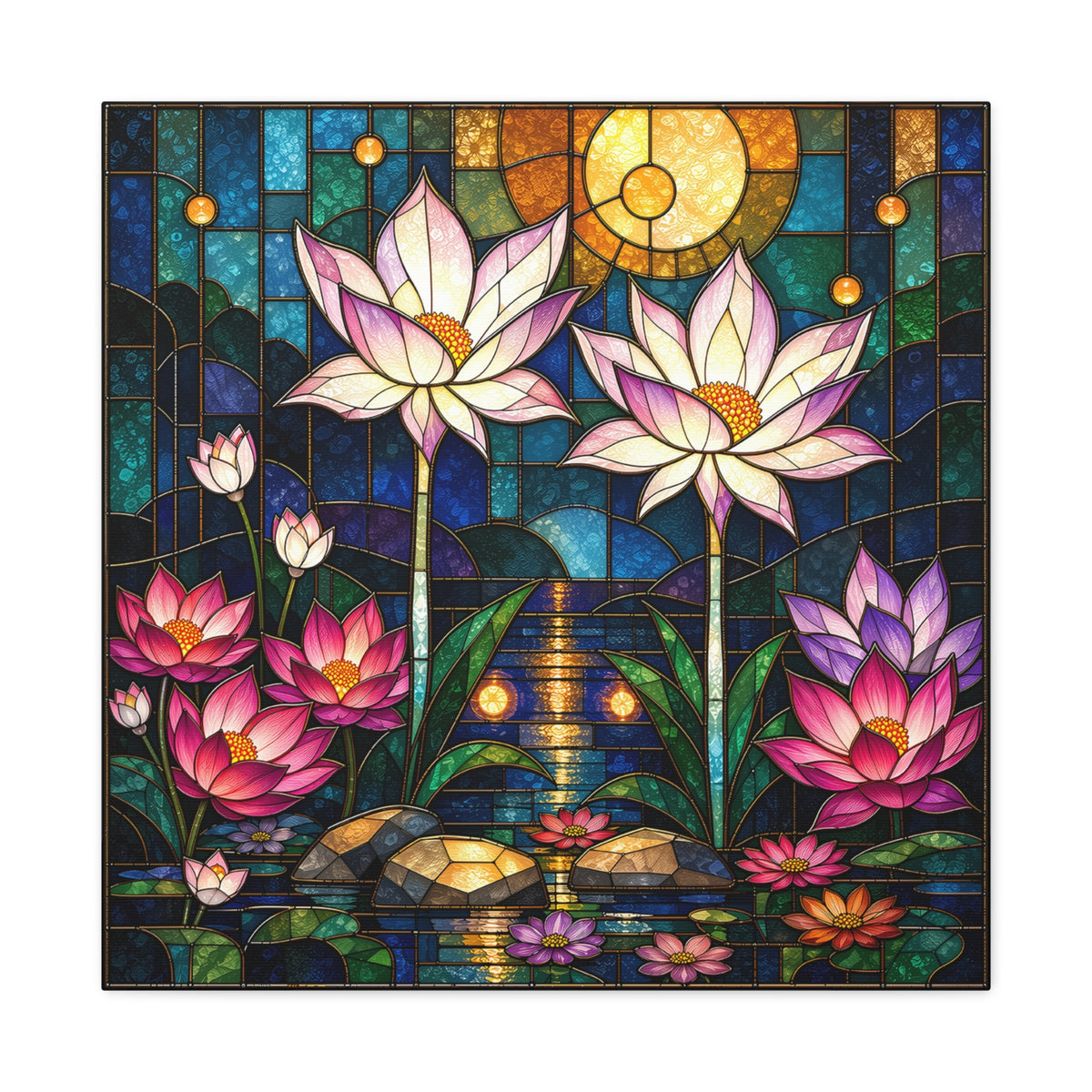 Moonlit Lotus Sanctuary — Stained Glass Floral Garden Wall Art