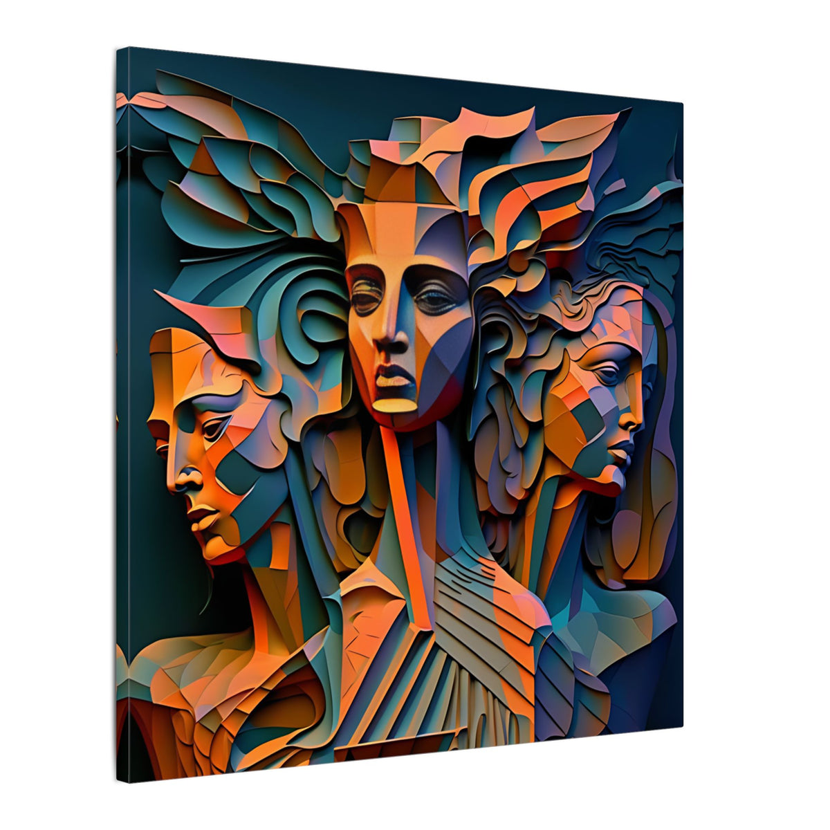 The Three Voices – Sculptural Geometric Triple Portrait Canvas Print