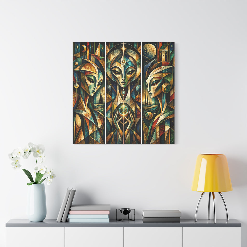 Keepers of the Celestial Gate — Futuristic Geometric Triptych Wall Art