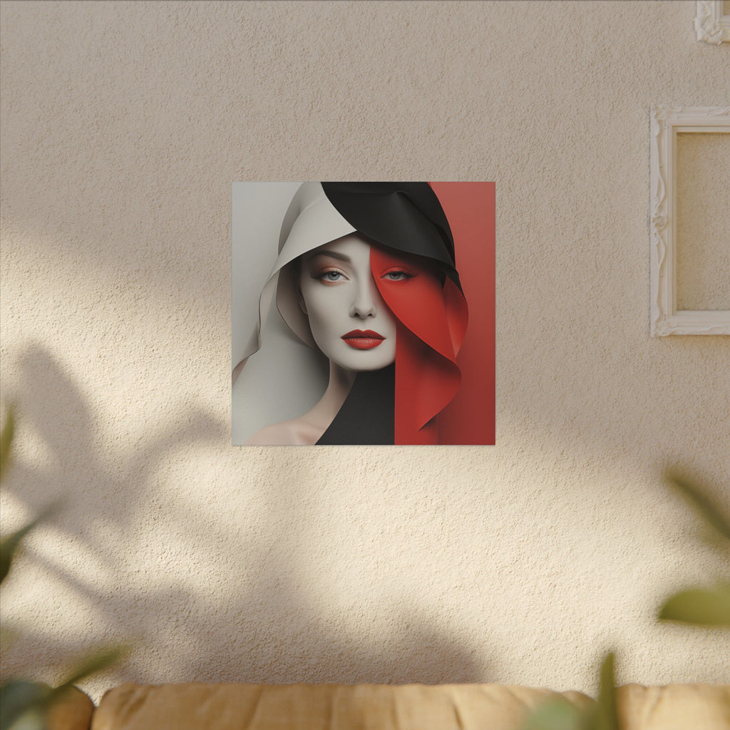 Split Poise – Modern Red Black Female Portrait Canvas Print