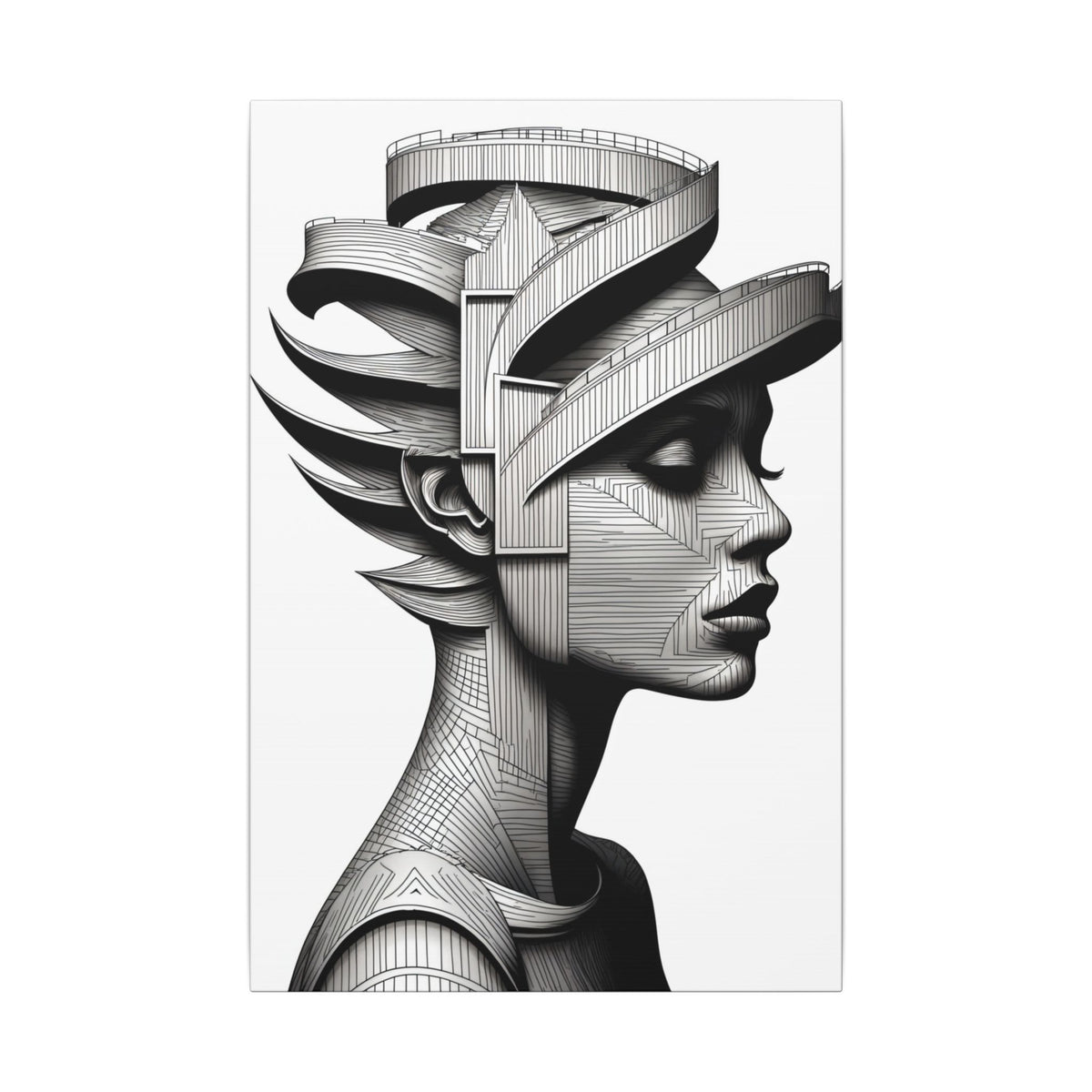 Architecture of Thought – Monochrome Futurist Portrait Canvas Print