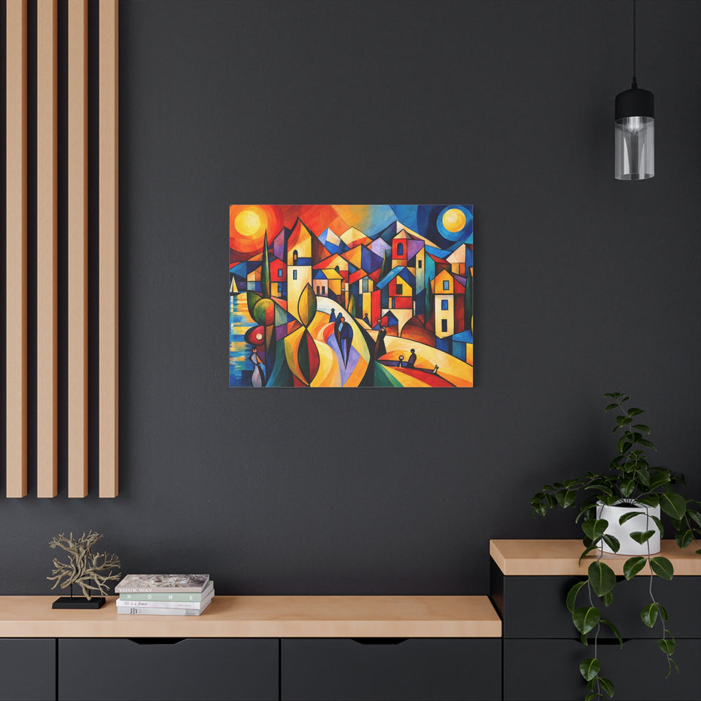 Village Between Sun & Moon — Colorful Cubist Coastal Landscape