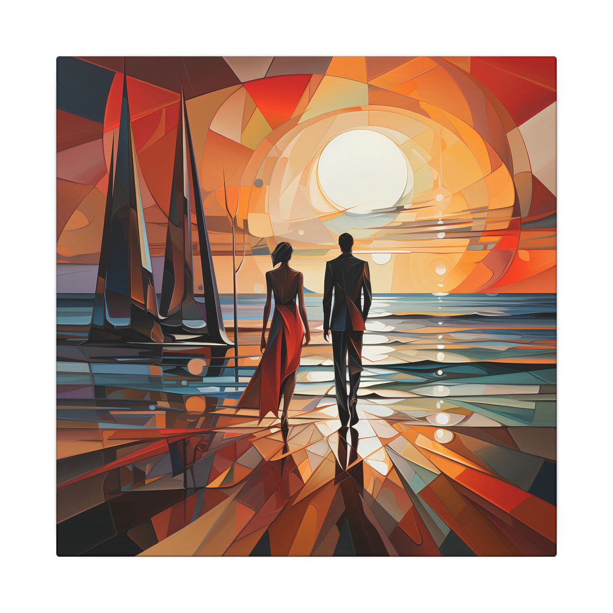 Two elegantly dressed figures walking toward a huge glowing sun on a horizon, surrounded by sweeping geometric shapes in orange, amber, red, black, cream, and cool blue