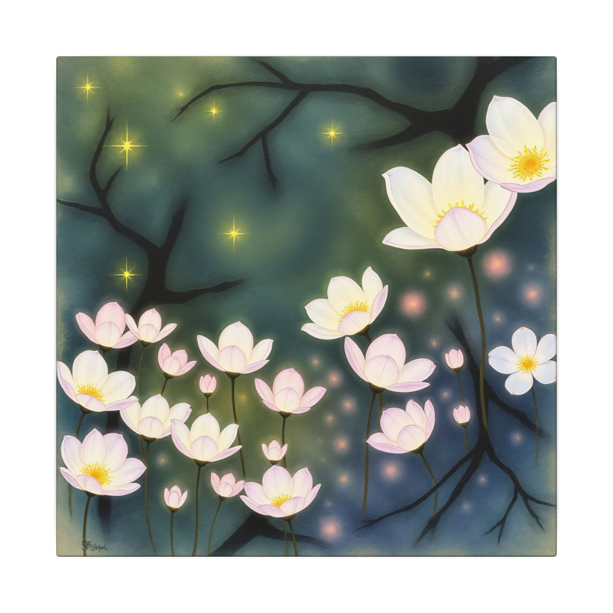 Delicate white and blush flowers rising against deep teal and moss-green backdrop, dark branches and scattered golden lights