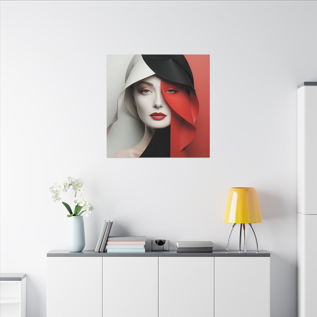 Split Poise – Modern Red Black Female Portrait Canvas Print