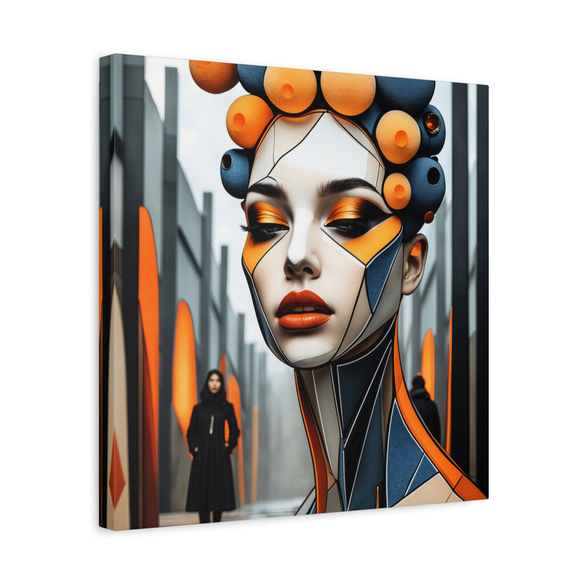 Future Icon — Futuristic Geometric Woman Portrait in Orange & Midnight Blue