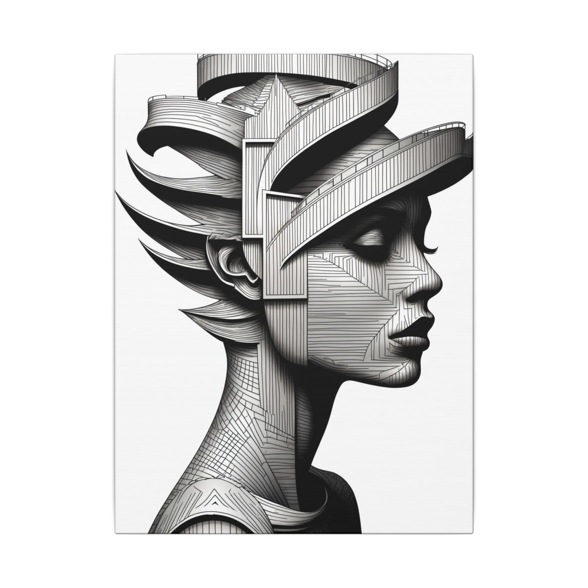 Architecture of Thought – Monochrome Futurist Portrait Canvas Print