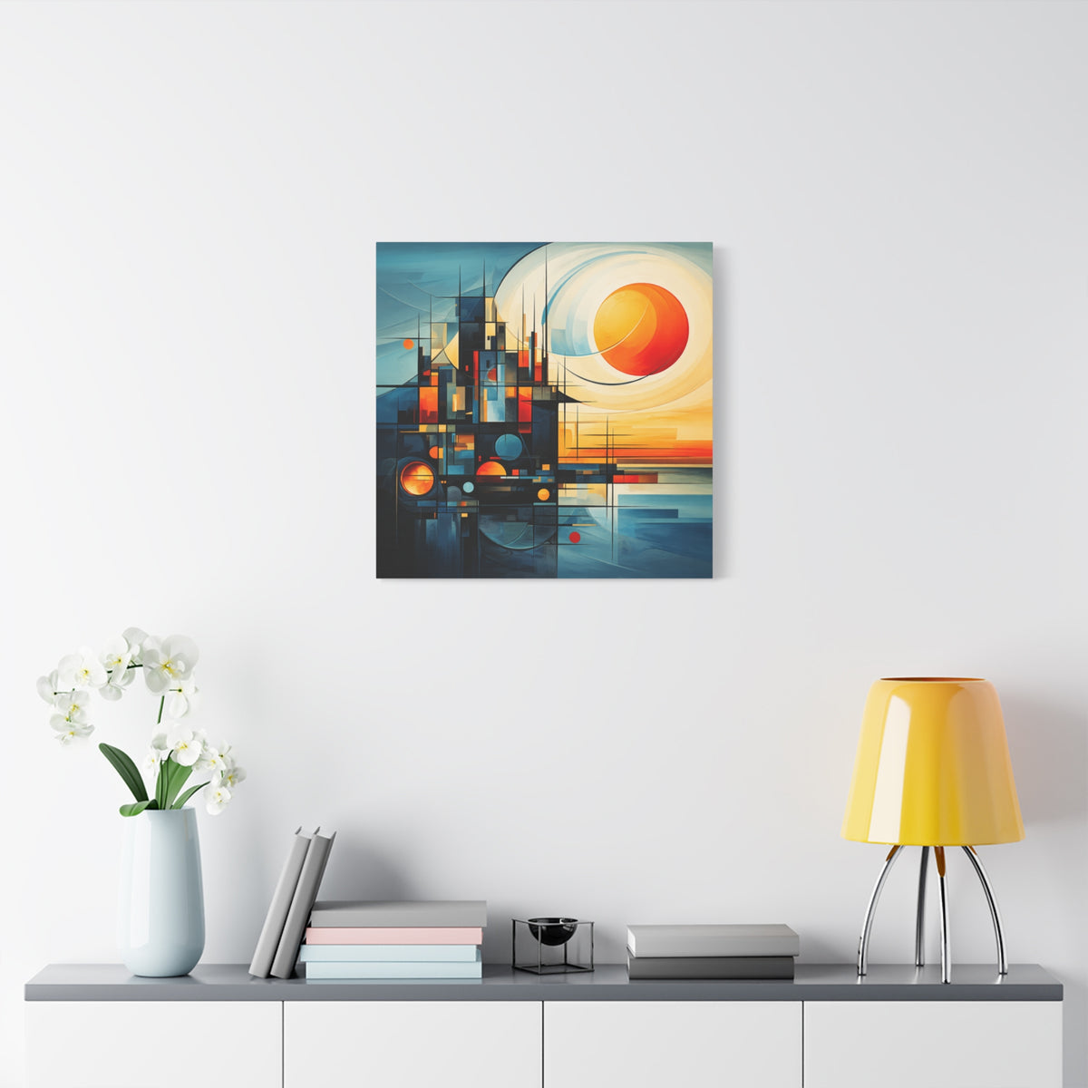 Sun Beyond Structure – Geometric Abstract Sunrise Canvas Print