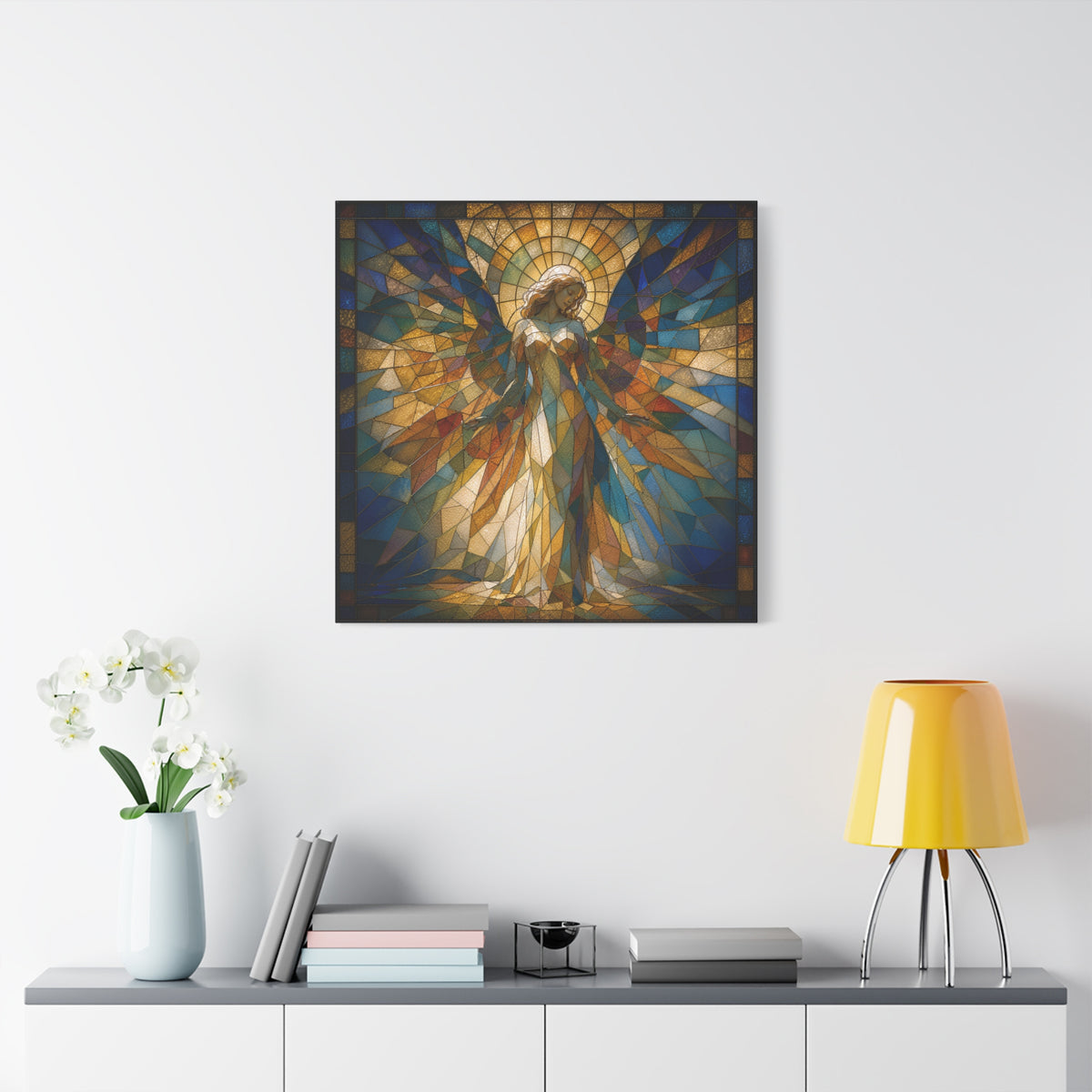 Radiance Descending — Stained-Glass Style Angelic Abstract Cubist Art Print
