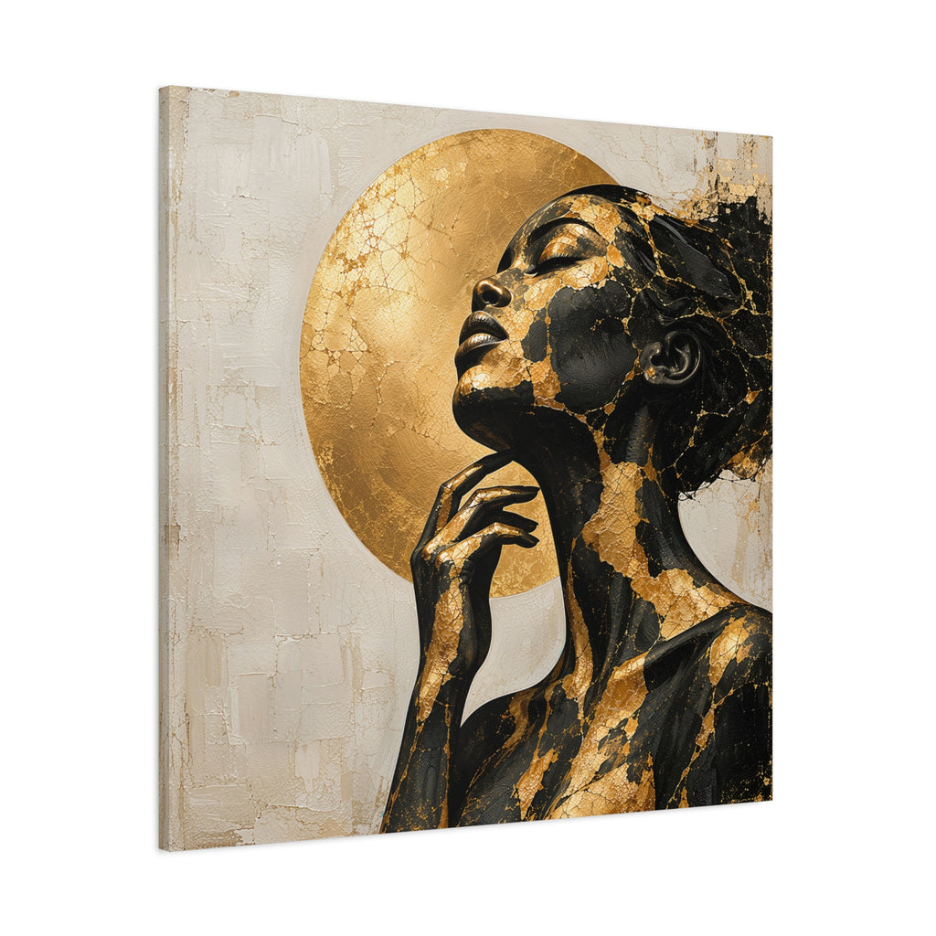 Crowned in Light — Modern Black & Gold Woman Portrait