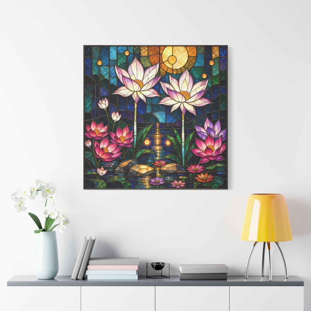 Moonlit Lotus Sanctuary — Stained Glass Floral Garden Wall Art