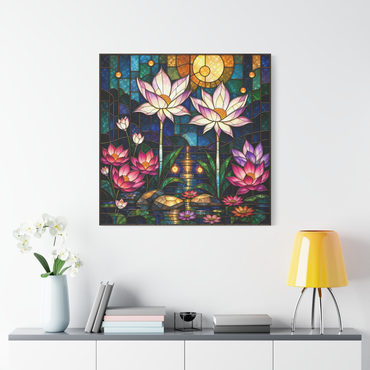 Moonlit Lotus Sanctuary — Stained Glass Floral Garden Wall Art