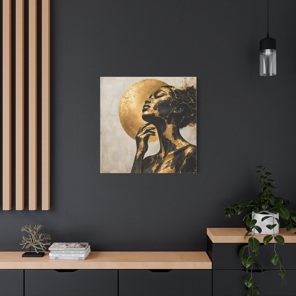Crowned in Light — Modern Black & Gold Woman Portrait